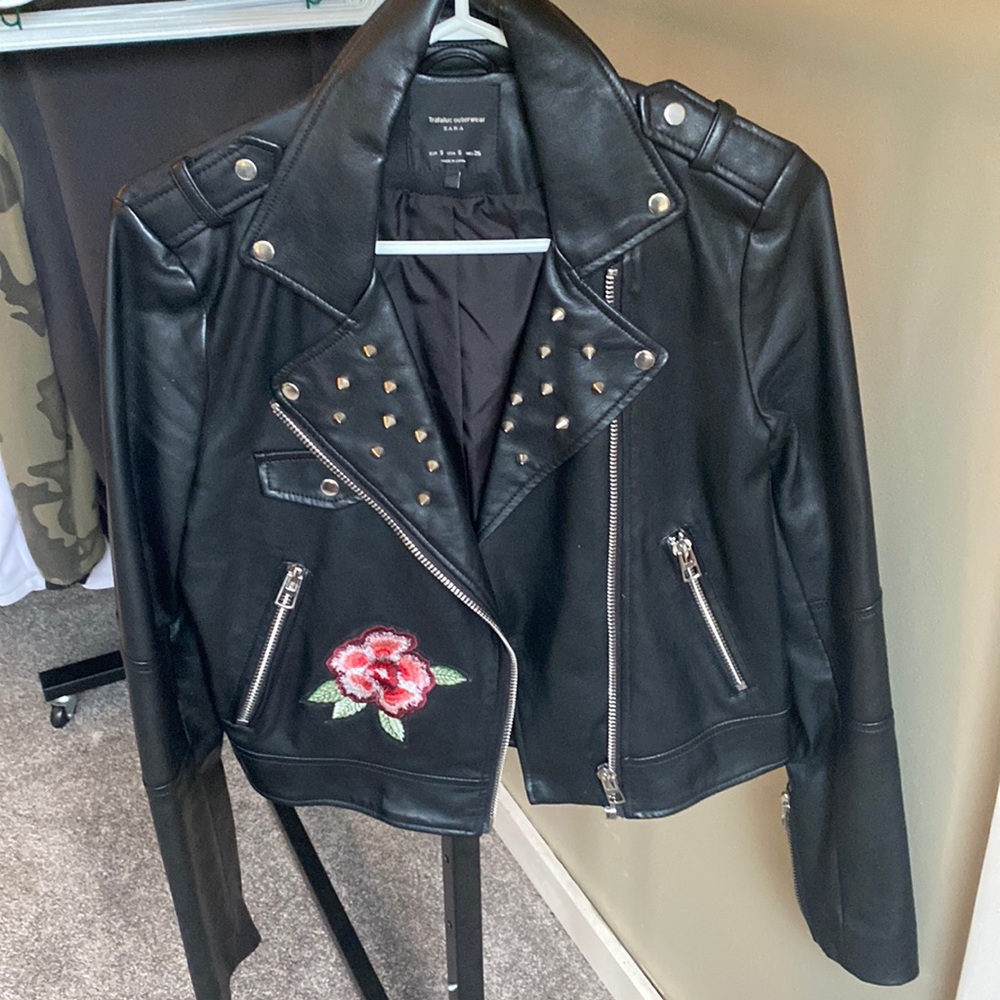 Leather bomber embroidered jacket